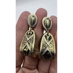 Vintage Damascene Animal Design Dangle Clip Earrings Spain